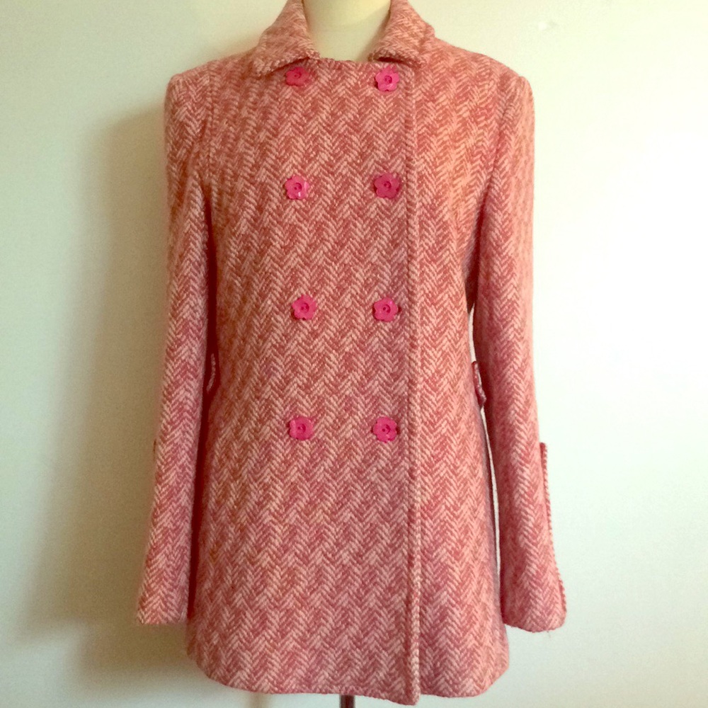 Coach Pink and White Tweed Wool Pea Coat Large